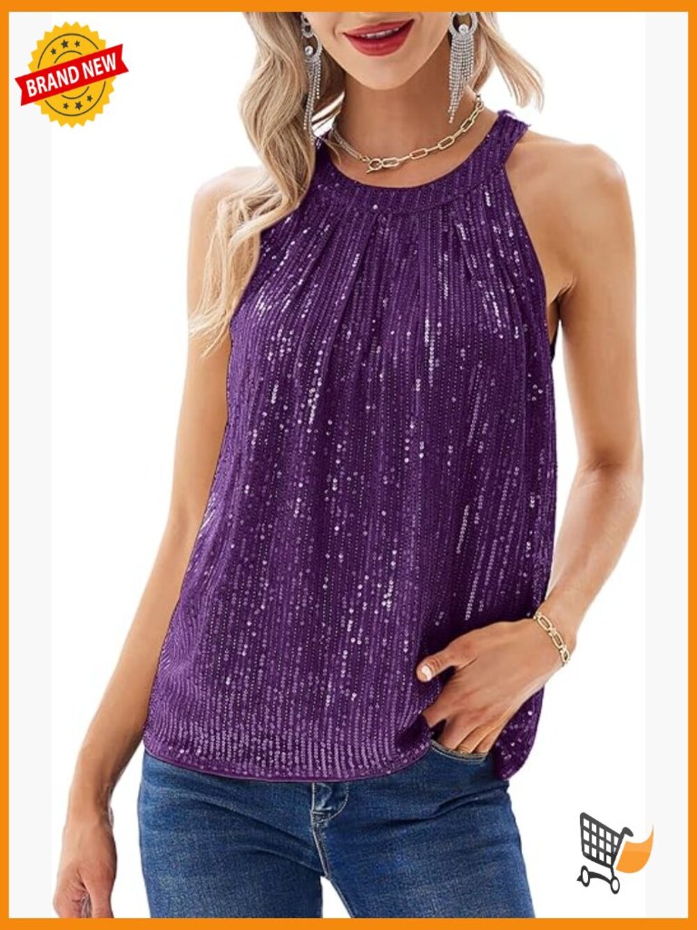 Sequin Halter Tank Top Sleeveless Sparkly Club Party Shirt Ruched Flowy